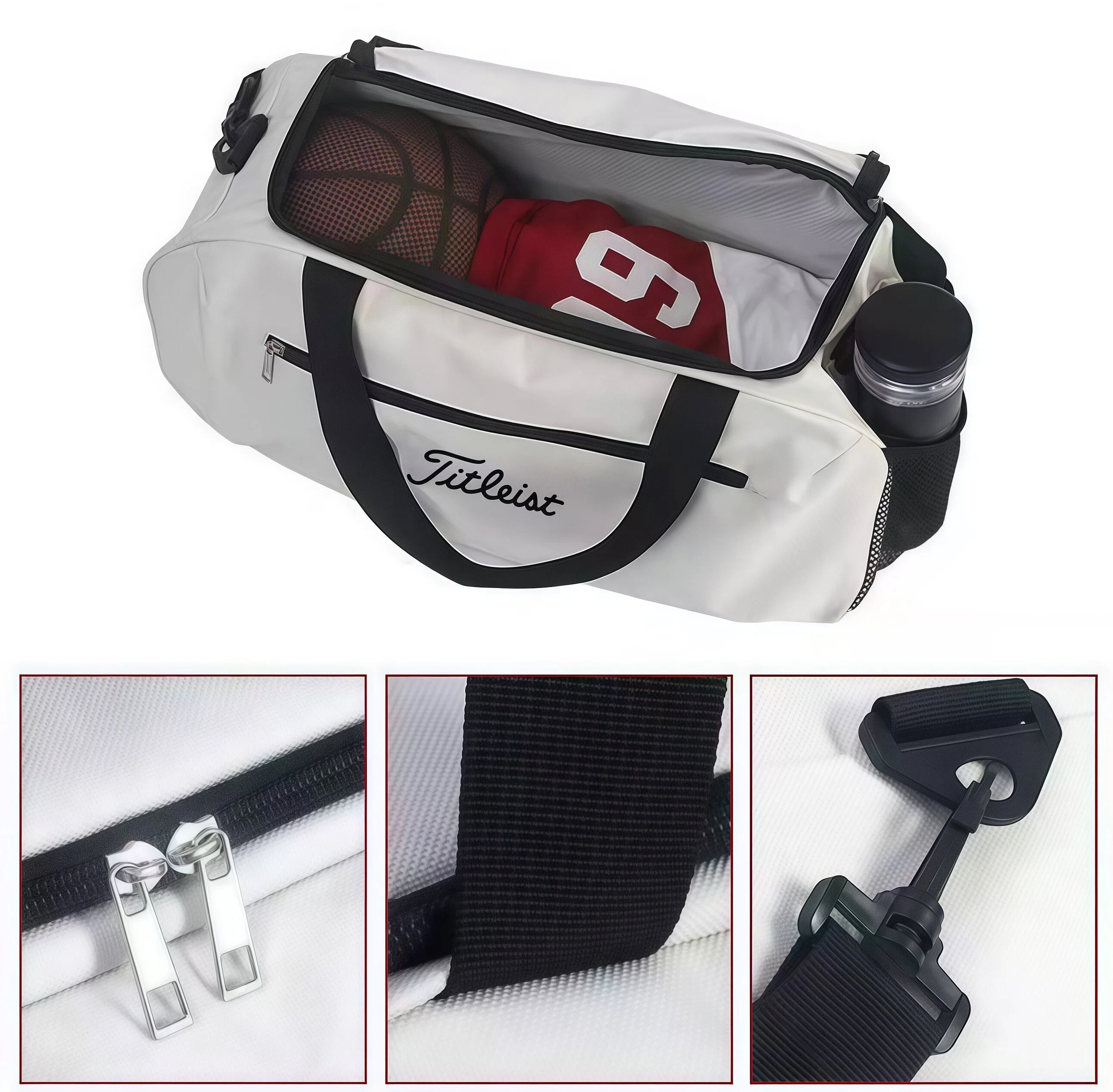 Open view of the white Titleist Core Golf Boston Bag showing a basketball, jersey, and water bottle inside. Close-ups highlight durable zippers, reinforced fabric, and adjustable buckle strap. Features a dedicated shoe compartment and organized storage.