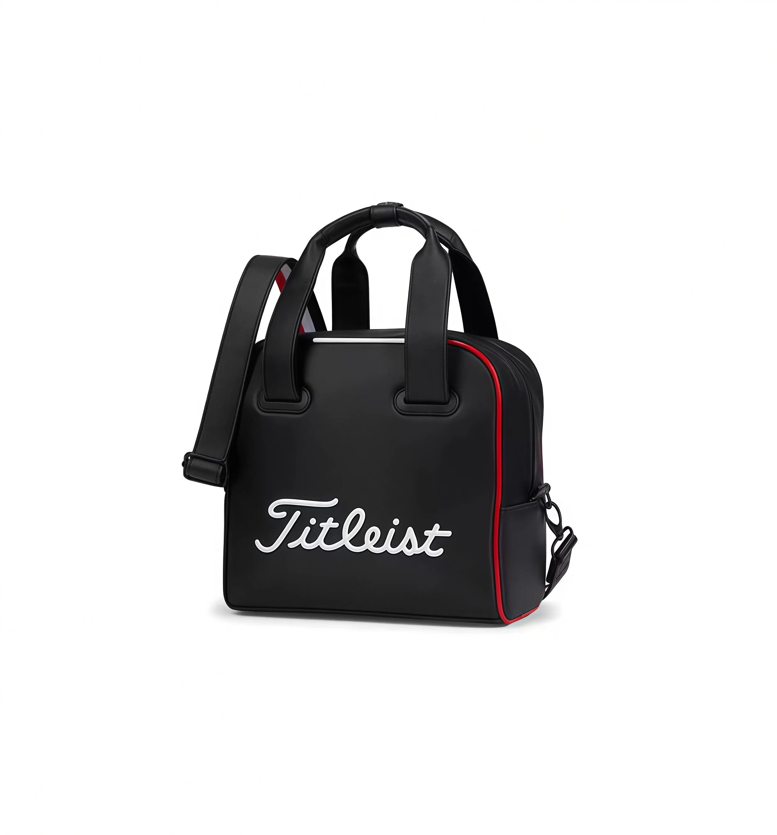 Black Titleist mini golf gear bag with white embroidered script logo and red accent trim. Compact, stylish, and built for everyday use.