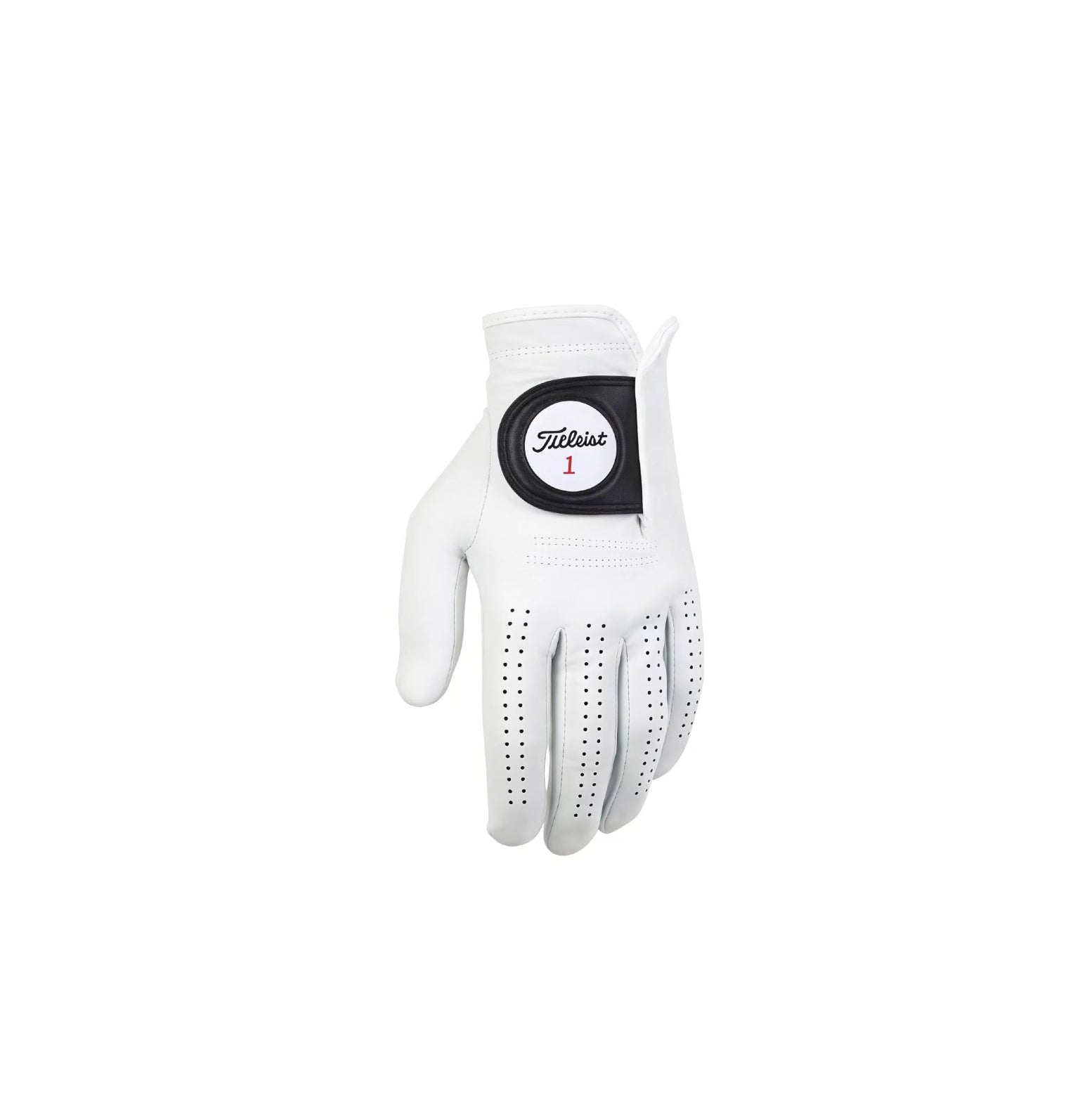Titleist Perma-Soft men's golf glove (left hand) in white, featuring premium Cabretta leather, perforated fingers for breathability, and the classic Titleist "1" logo on the closure.