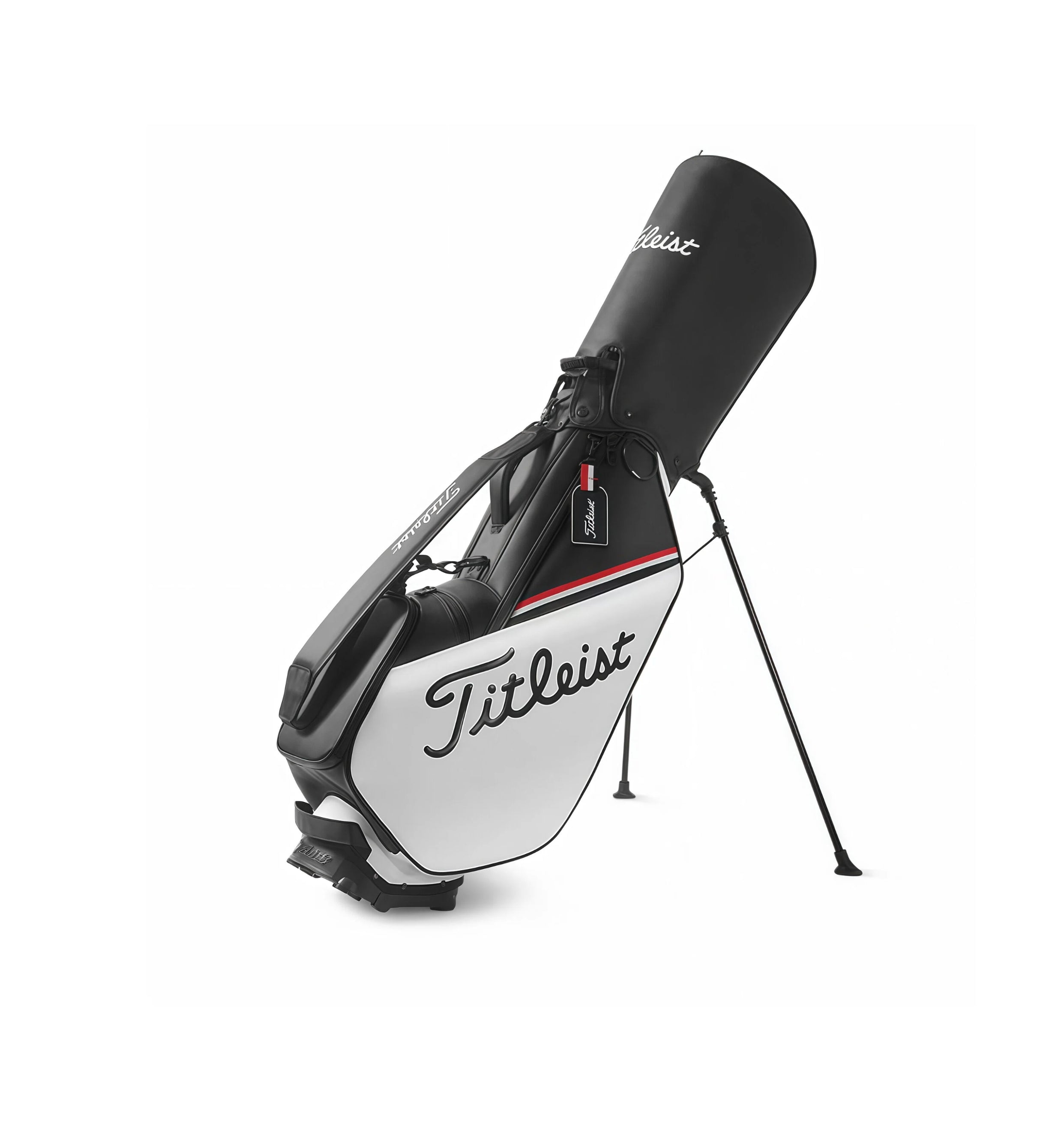 Side view of the Titleist Players 4 Plus Stand Bag in black and silver. Highlights the sleek design, "Titleist" logo, dual-strap system, and built-in stand legs. Ideal for modern golfers.