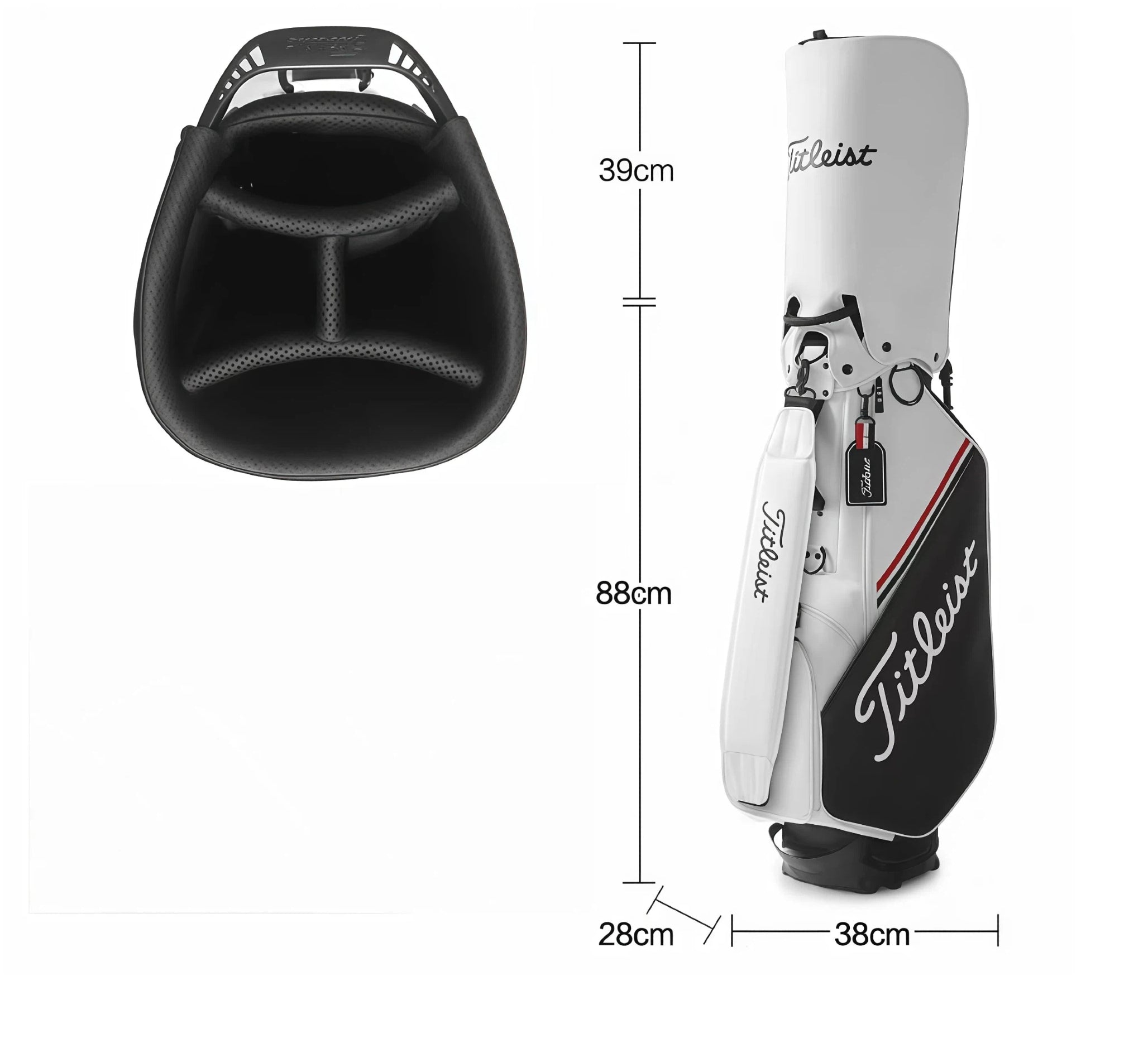 Size diagram of the Titleist Players 4 Plus Stand Bag showing dimensions: 88cm height, 38cm width, 28cm depth, and 39cm top opening. Ideal for standard club storage and compact transport.
