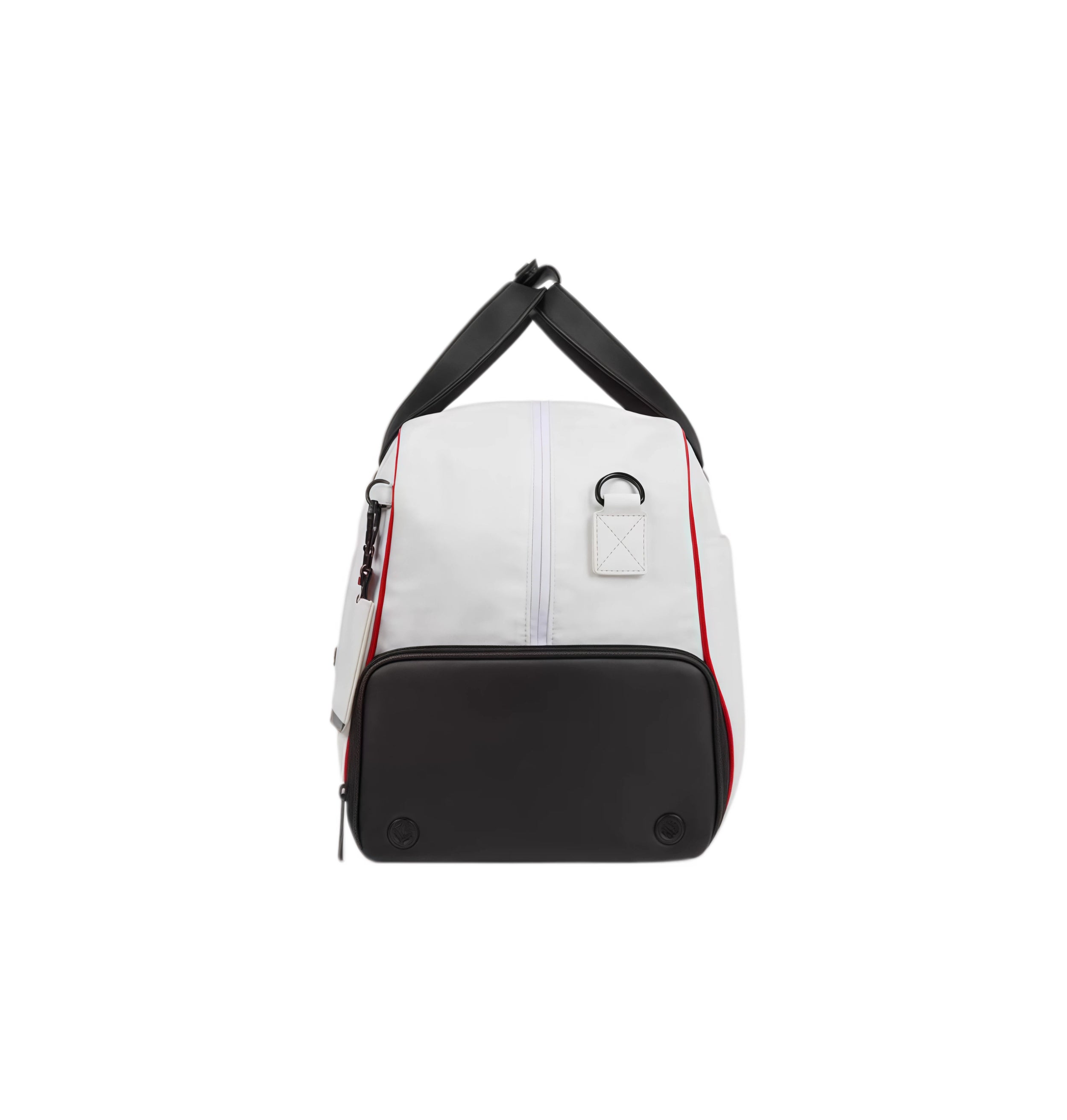 Back view of the white Titleist Premium Golf Duffel with red piping, black base, and branded leather tag. Includes a padded shoulder strap and durable construction.