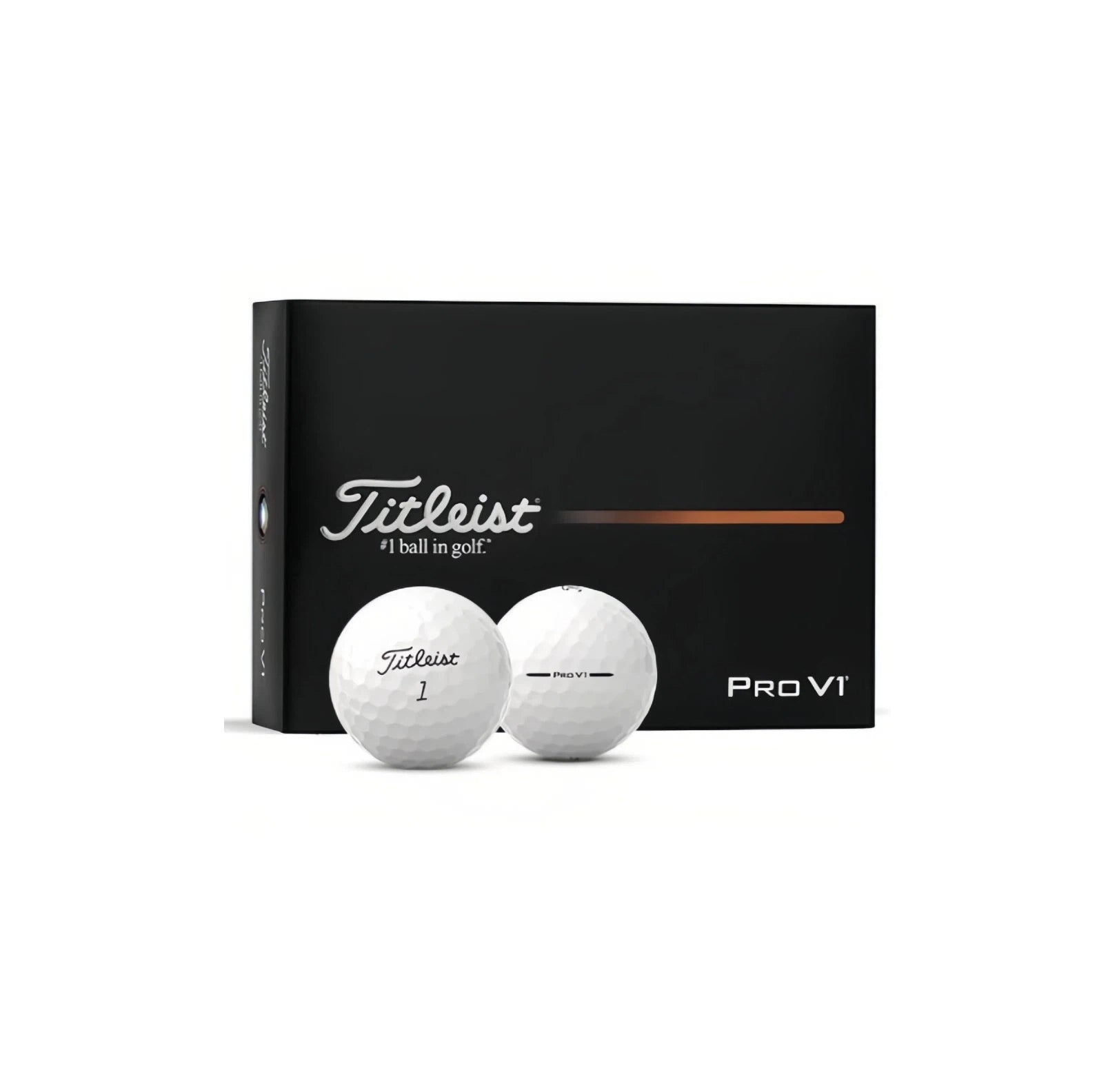 Titleist Pro V1 2025 golf balls, one dozen box. The black packaging features the Titleist logo and "PRO V1" branding, with two golf balls displayed in front.