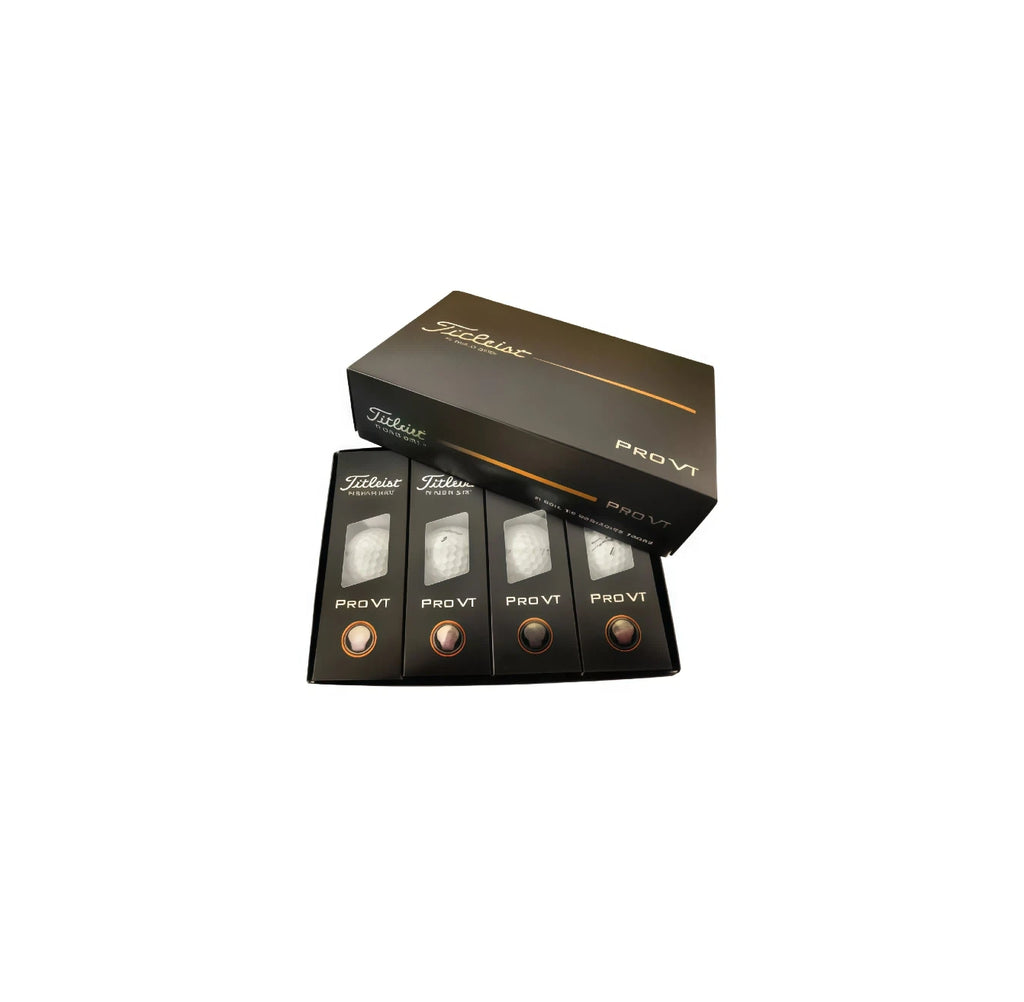 Stacked black boxes of Titleist Pro V1 Loyalty Rewarded golf balls, each containing 12 premium balls, ideal for golfers seeking consistent performance and brand loyalty rewards.