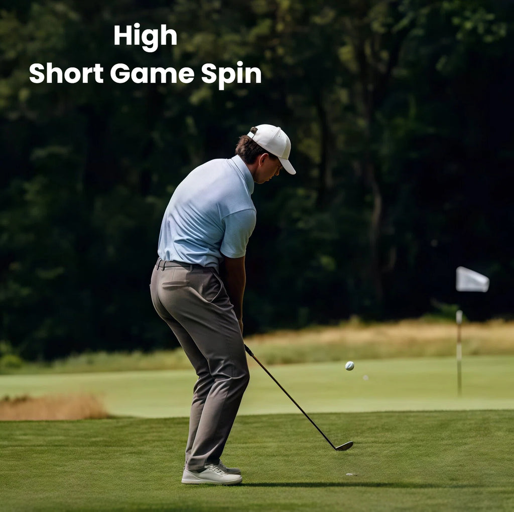 Golfer chipping with a Titleist Pro V1x Left Dash golf ball on a lush green course, demonstrating its high short game spin for precise control and stopping power around the greens.