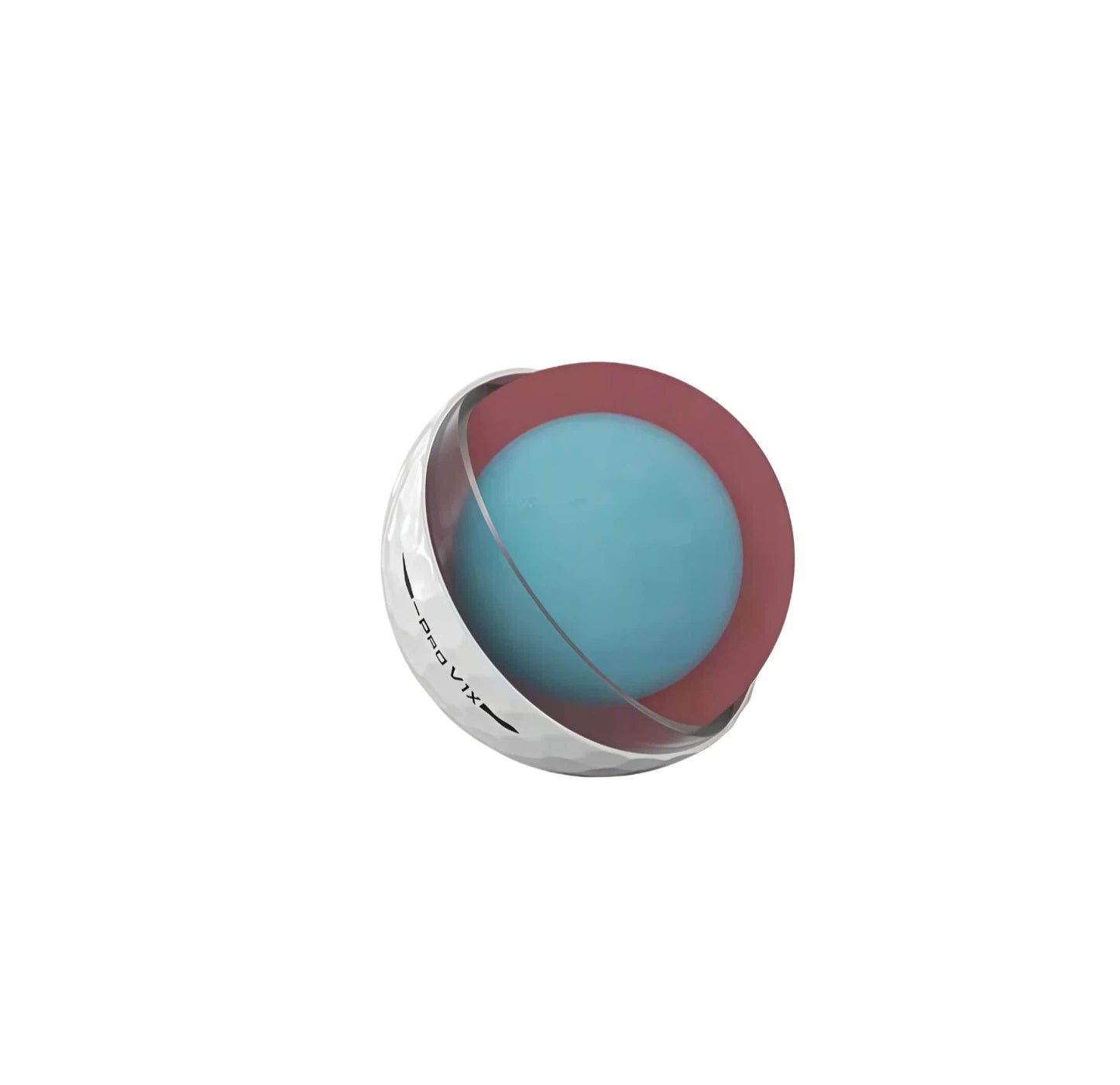 Cross-sectional view of the Titleist Pro V1x Left Dash golf ball, revealing its advanced internal core structure with a blue center and red outer layer, engineered for optimal speed, spin, and control.