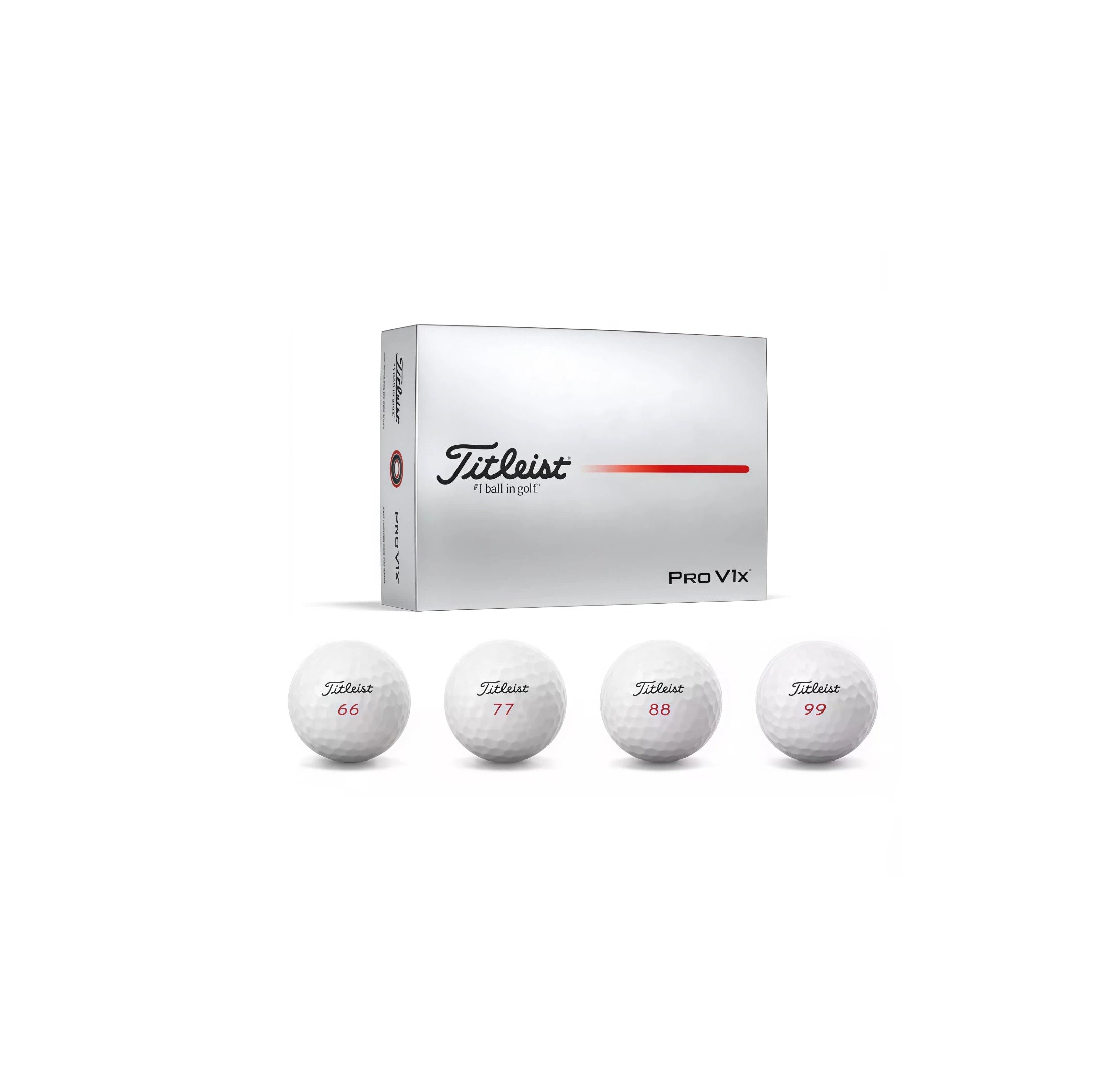 Titleist Pro V1x Loyalty Rewarded golf balls in a white box, featuring four white golf balls with "Titleist" branding and numbers 66, 77, 88, 99, designed for high trajectory and enhanced backspin performance.