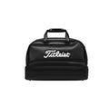 Front view of the black Titleist Shoe Bag with contrasting white "Titleist" script logo. Features a dual-compartment layout, top handles, and a sleek, durable design for golf and travel.