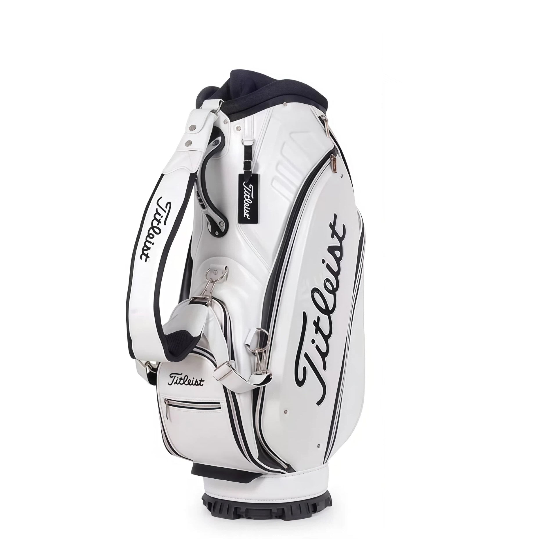 Front view of the Titleist Standard Cart Bag in white, showcasing the padded shoulder strap with "Titleist" branding, zippered side pocket, and durable synthetic material. Designed for comfort and convenience during play.
