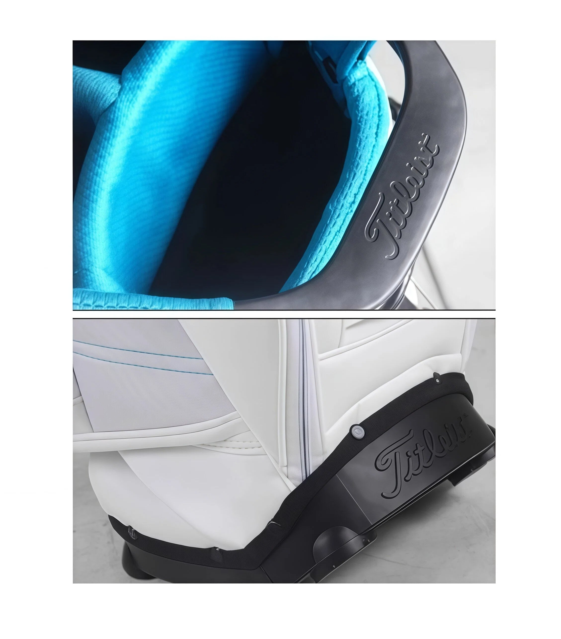 Close-up detail of the Titleist TB23ASBA stand bag showing the premium blue-lined interior with reinforced dividers and embossed "Titleist" logo on the top frame and base. Built for club protection and brand authenticity.

