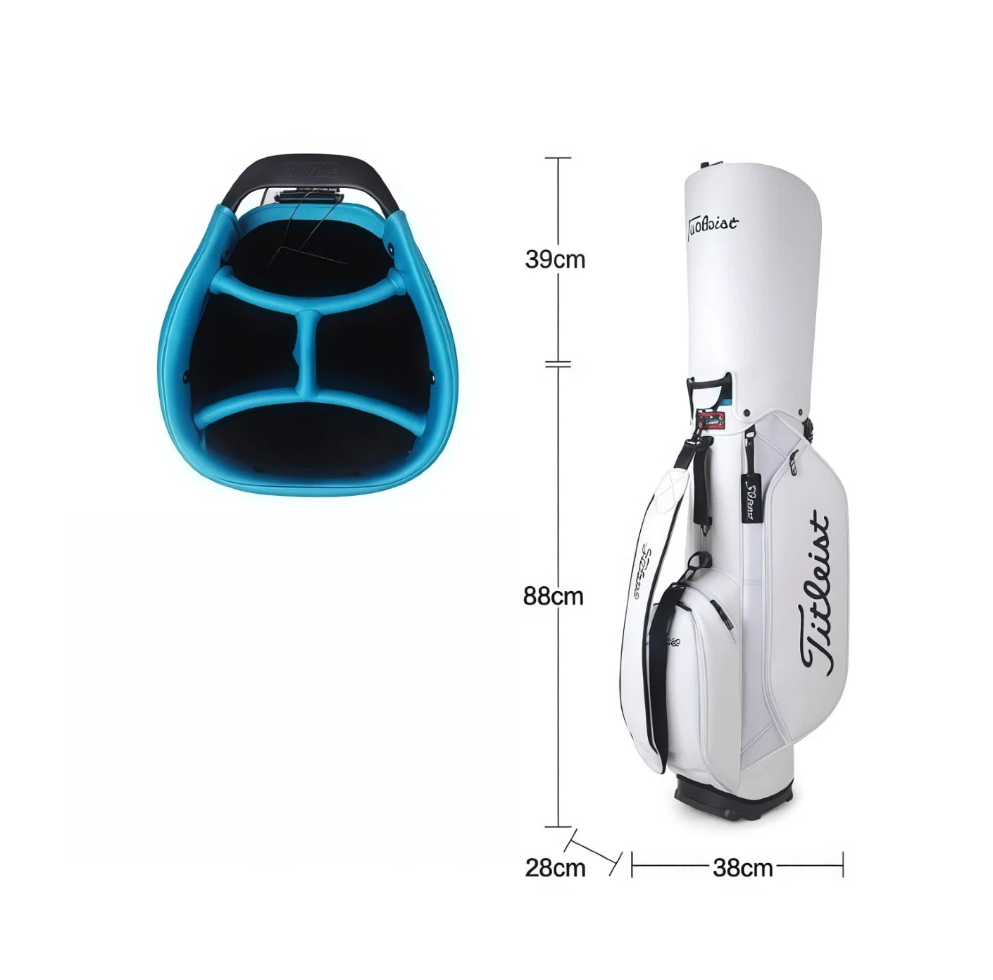 Size diagram of the Titleist TB23ASBA stand golf bag showing full dimensions: 88cm height, 38cm width, 28cm depth, and 39cm top opening. Ideal for carrying 14 clubs with extra space for accessories. Lightweight and compact for easy transport.