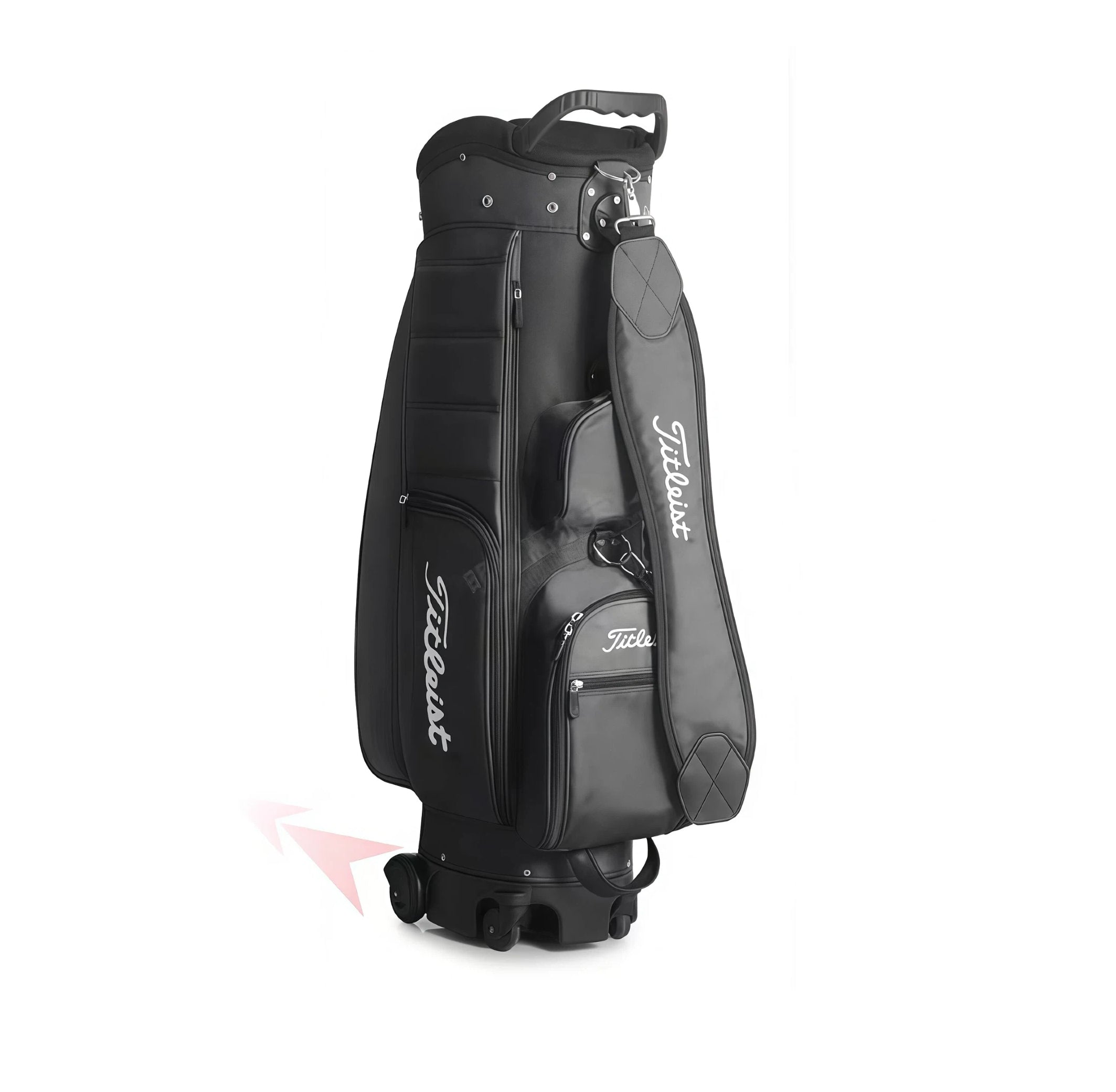 Side view of the Titleist Travel Trolley Bag in black, showing padded shoulder strap, multiple pockets, and dual-wheel system. Features white "Titleist" logo and compact, travel-friendly design.