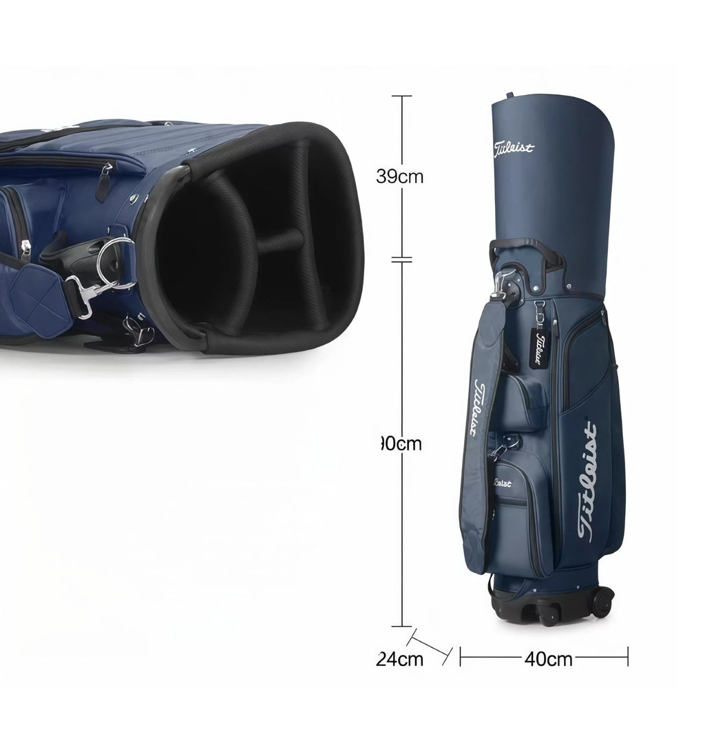 Size diagram of the Titleist Travel Trolley Bag in navy blue, showing dimensions: 100cm height, 40cm width, 24cm depth. Includes internal view of top organizer with club dividers and reinforced padding.
