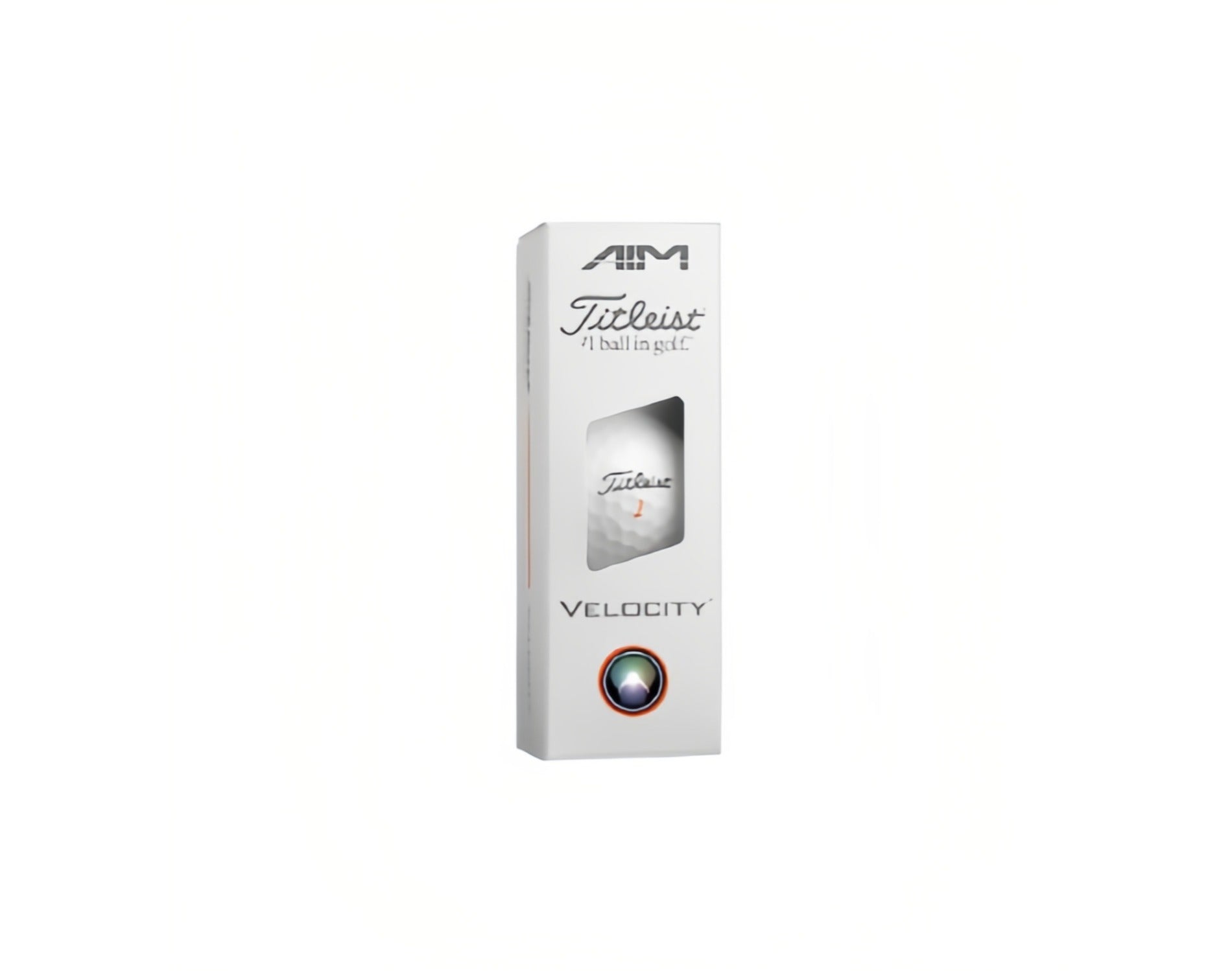 Titleist Velocity 2026 golf ball single sleeve packaging. The white box features a window displaying the ball inside, with "AIM" technology branding at the top and the Velocity logo at the bottom.