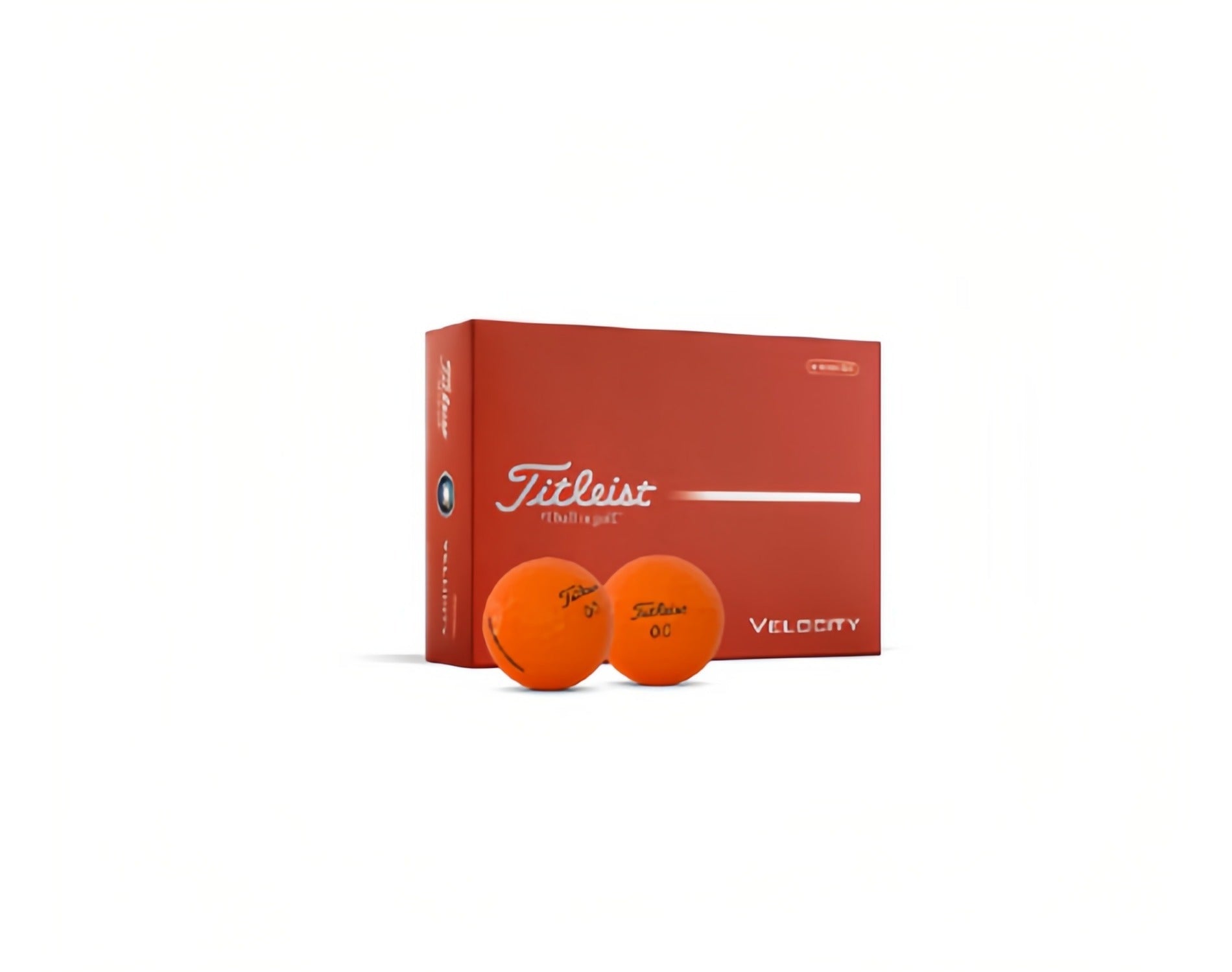 Titleist Velocity 2026 golf balls in high visibility orange. The image shows the orange packaging box and two matte orange golf balls designed for maximum visibility on the course.