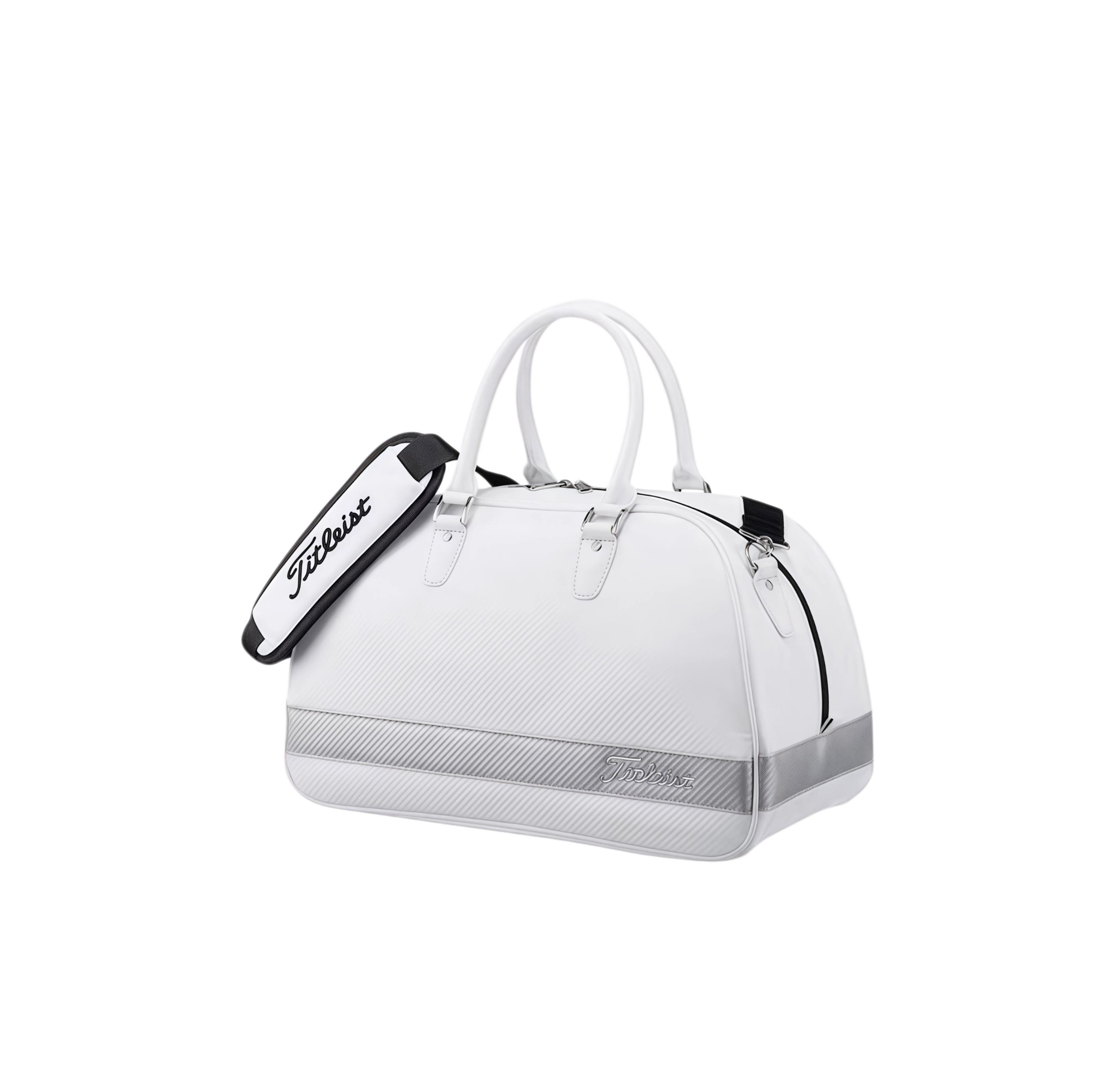 White Titleist duffel bag featuring carbon texture, silver stripe, and branded shoulder strap. Perfect for men’s and women’s golf gear.