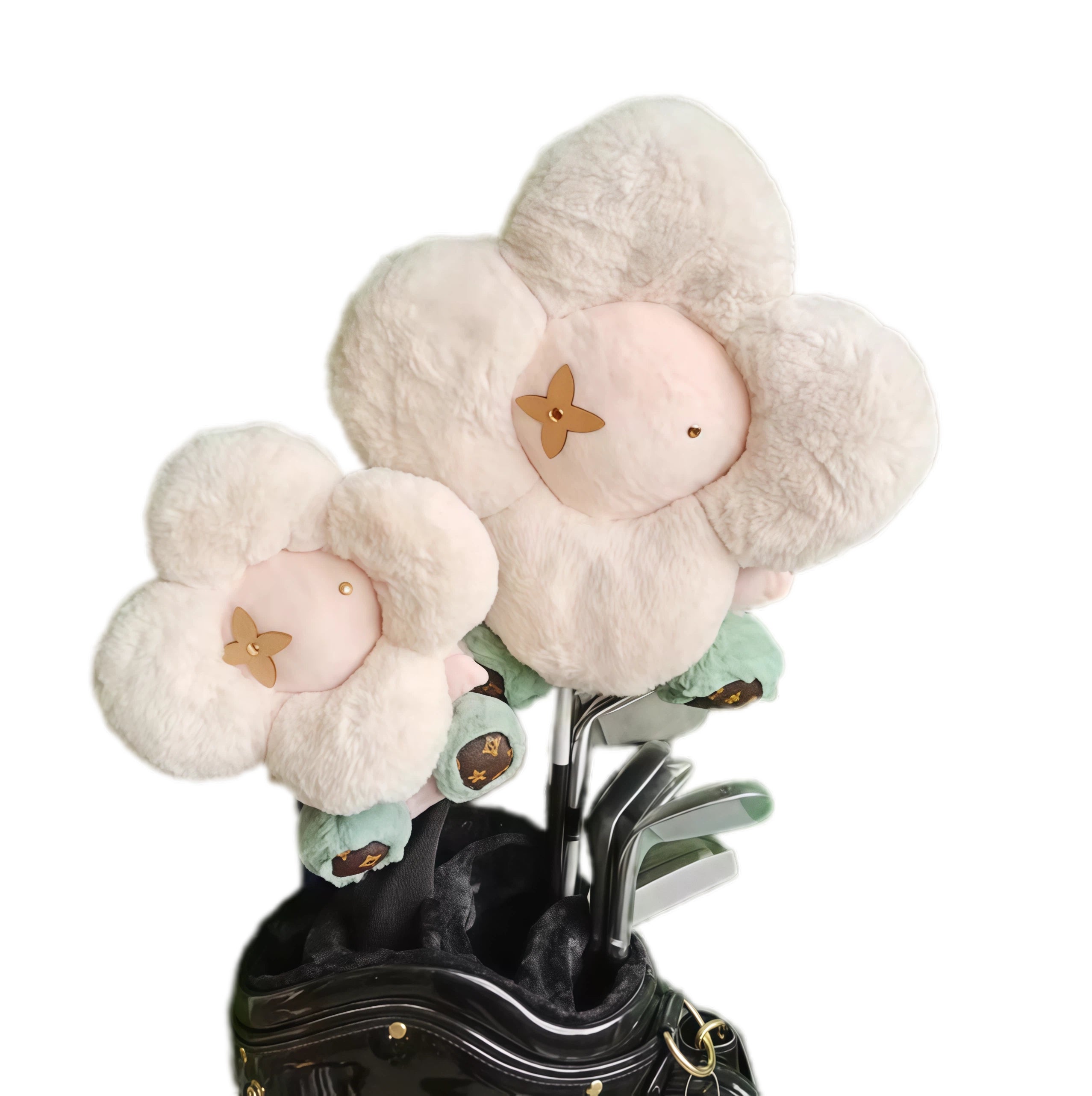 Pair of cream plush sunflower headcovers installed on driver and fairway wood clubs inside a golf bag, emphasizing matching style and protective functionality.