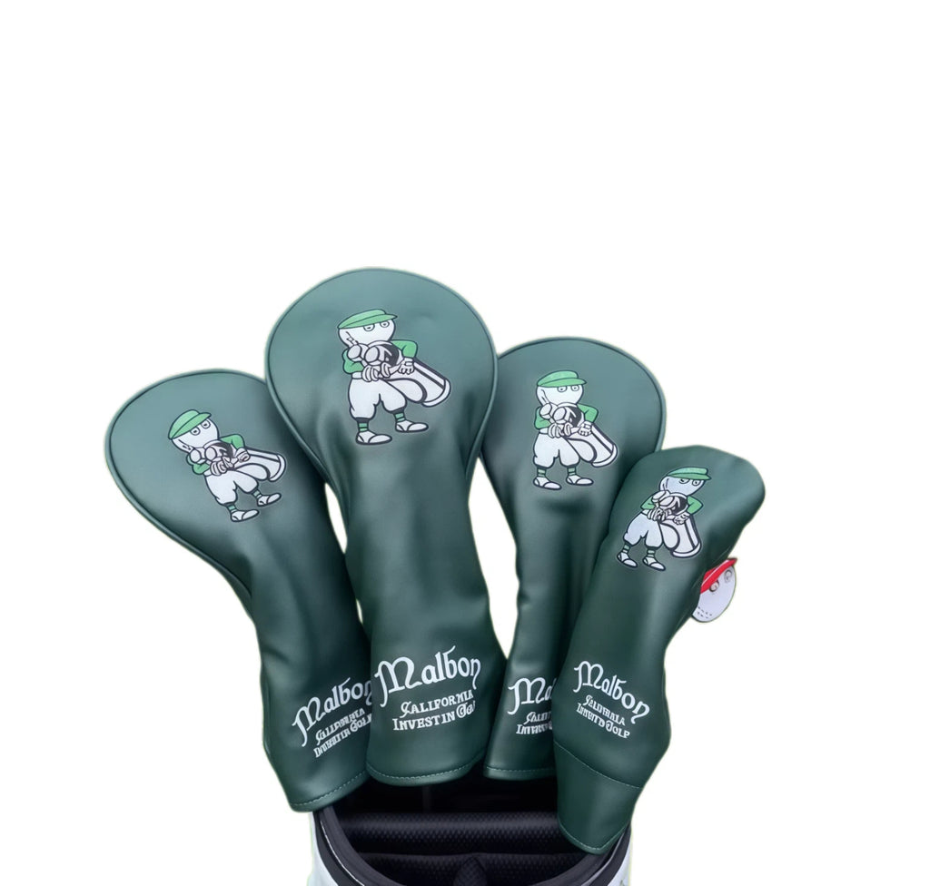Dark green Universal Leather Golf Headcover Set featuring a cartoon caddy character with a green hat, white piping, and "Malbon California Invest in Golf" branding, displayed in a golf bag.
