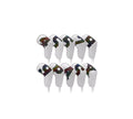 Set of eight white earbud tips with colorful geometric patterns on a white background