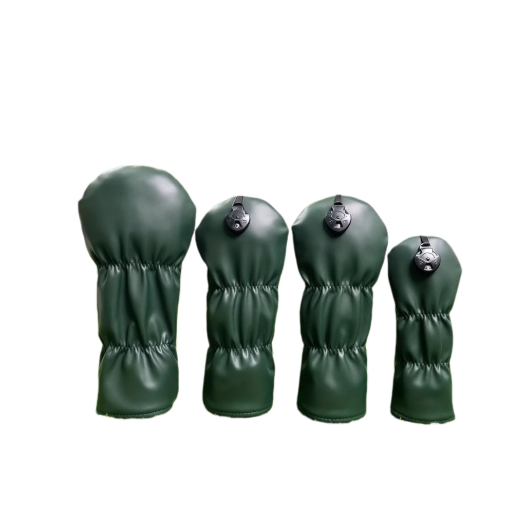 Back view of Waac Classic Green Golf Headcover Set showing elastic bands and magnetic closure mechanism, universal fit for driver, fairway, hybrid, and putter.