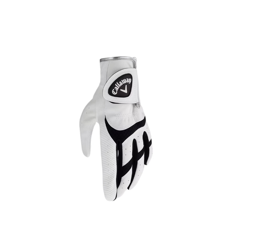Callaway junior golf glove in white and black, designed for youth practice with breathable, durable material and non-slip palm (left hand).