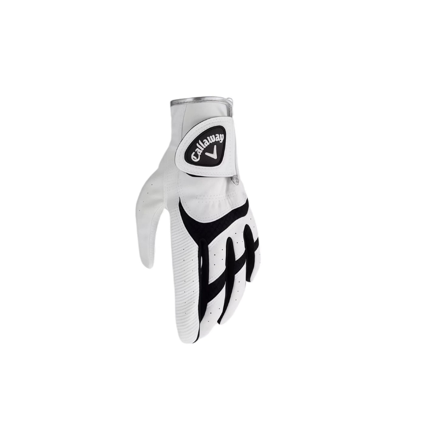 Callaway junior golf glove in white and black, designed for youth practice with breathable, durable material and non-slip palm (left hand).