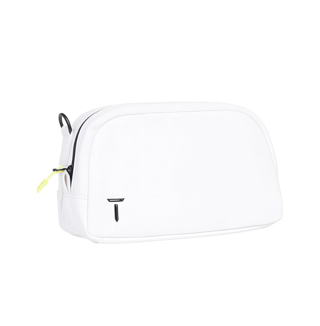 Side view of the white European Tour accessory pouch with a black "T" logo, neon yellow zipper pull, and smooth texture. Perfect for organizing toiletries, cosmetics, or tech accessories.