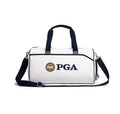 Front view of the white PGA Tour duffel bag featuring navy blue handles, adjustable shoulder strap, and embroidered PGA logo with circular emblem. Ideal for golf, gym, or travel.