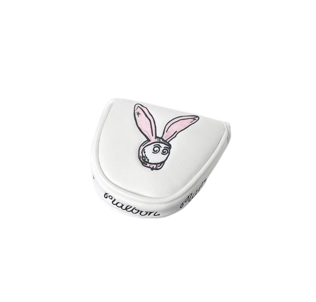 White golf club head cover with a cartoon bunny design on a white background