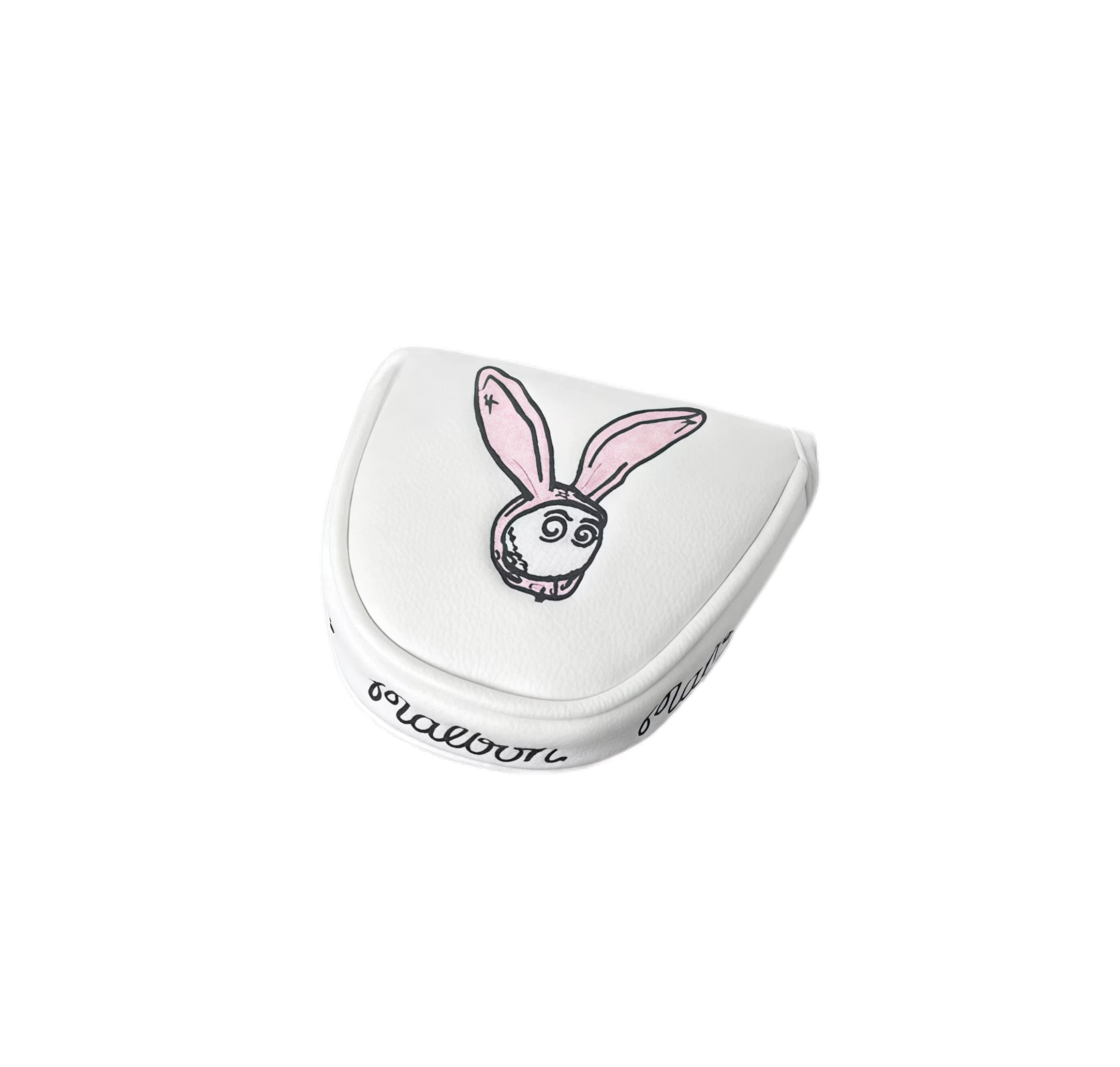 White golf club head cover with a cartoon bunny design on a white background