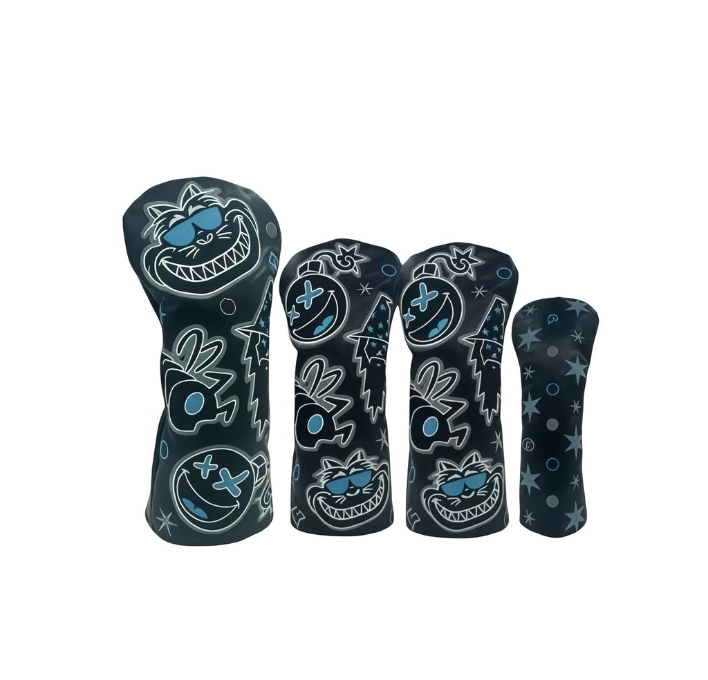 Wizard & Fat Cat golf headcovers set in black featuring graffiti-style embroidery of cat, bomb, lightning and stars, compatible with driver, fairway woods and utility clubs for unisex stylish protection.