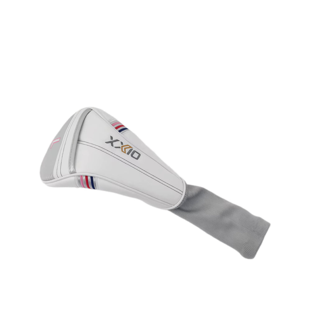 Side view of XXIO driver headcover showing gray stretch sleeve for secure fit, white PU body with "XXIO" logo and color-blocked stripe design — built for durability and style on the course.