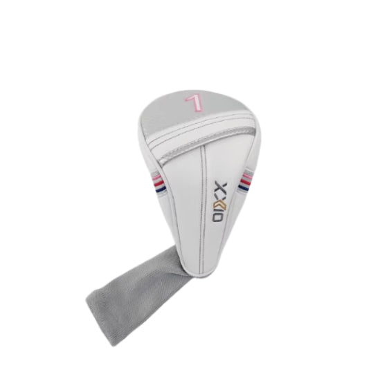Close-up of XXIO driver headcover in white synthetic leather with number "1" in pink on top, "XXIO" logo in black and gold, and colorful stripe detailing — durable design for optimal club protection.