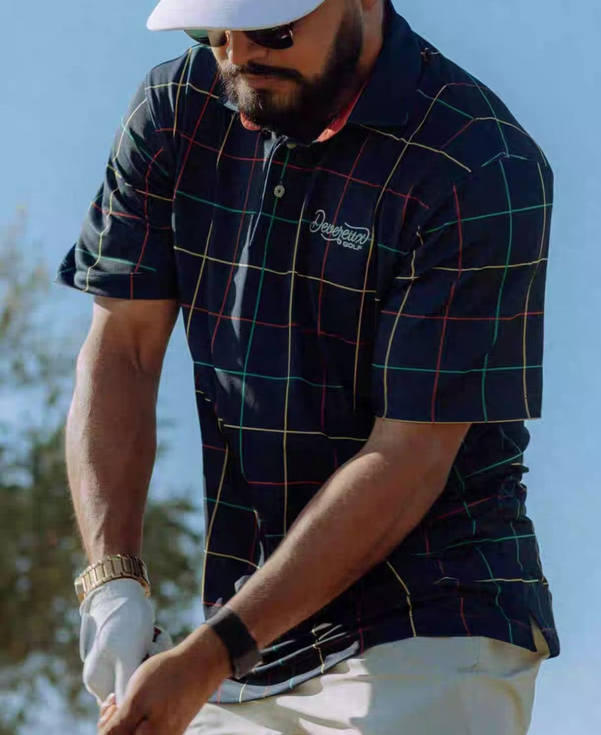 Devereux men’s Navy plaid golf model view