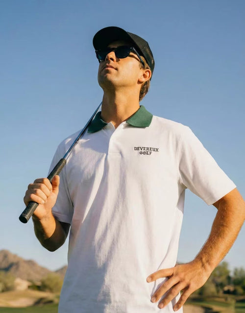 Devereux Golf Men’s Summer Color Block Green Collar Polo Shirt in White - product view