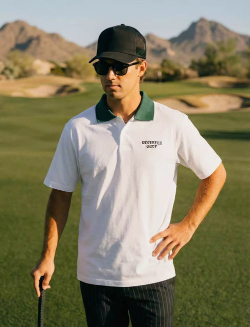Devereux Golf Men’s Summer Color Block Green Collar Polo Shirt in White - product view