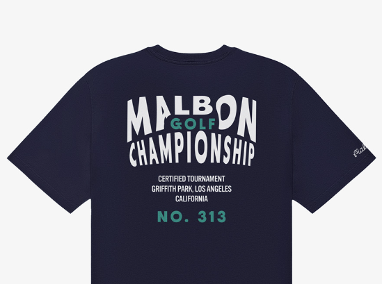 Malbon unisex crewneck training golf T-shirt in Navy - back graphic detail