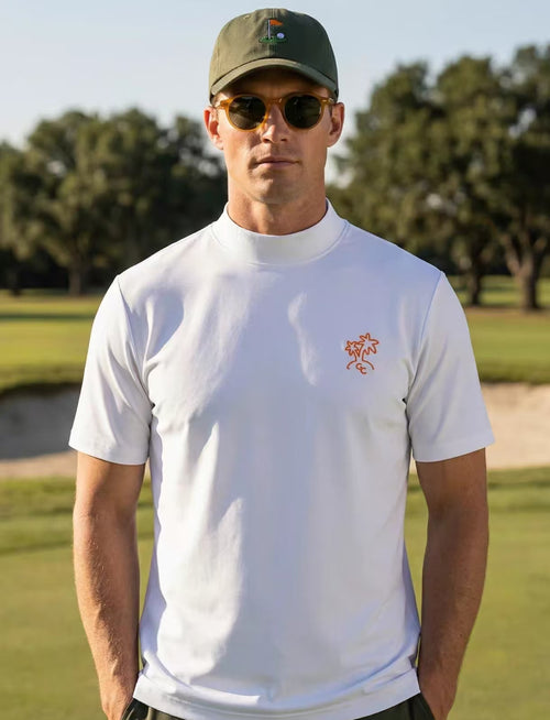 Devereux Golf Men’s Summer Mock Neck Scorecard Print Golf Shirt in White - product view