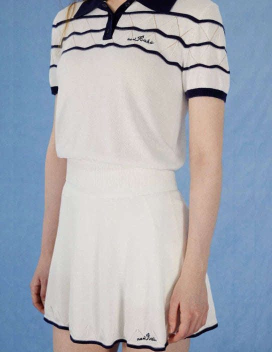 NowRose White and Navy polo and skirt close model view