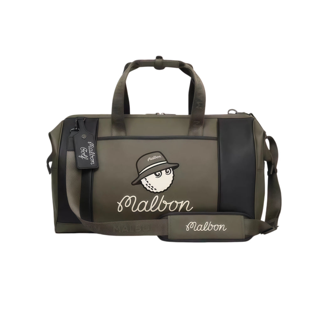 Front view of Malbon golf duffle bag in olive green with cartoon golf ball mascot, white script logo, and branded shoulder strap