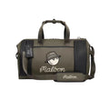 Front view of Malbon golf duffle bag in olive green with cartoon golf ball mascot, white script logo, and branded shoulder strap