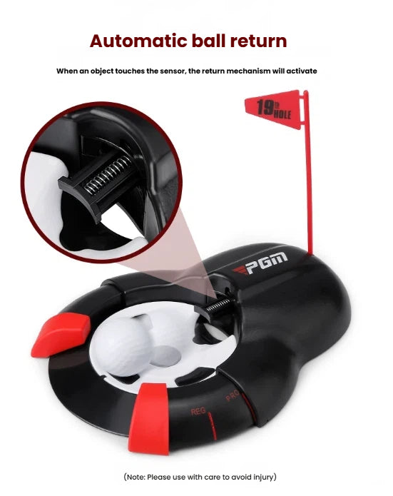 Detail of PGM putting cup adjustable opening showing tighter target setting for accuracy drills