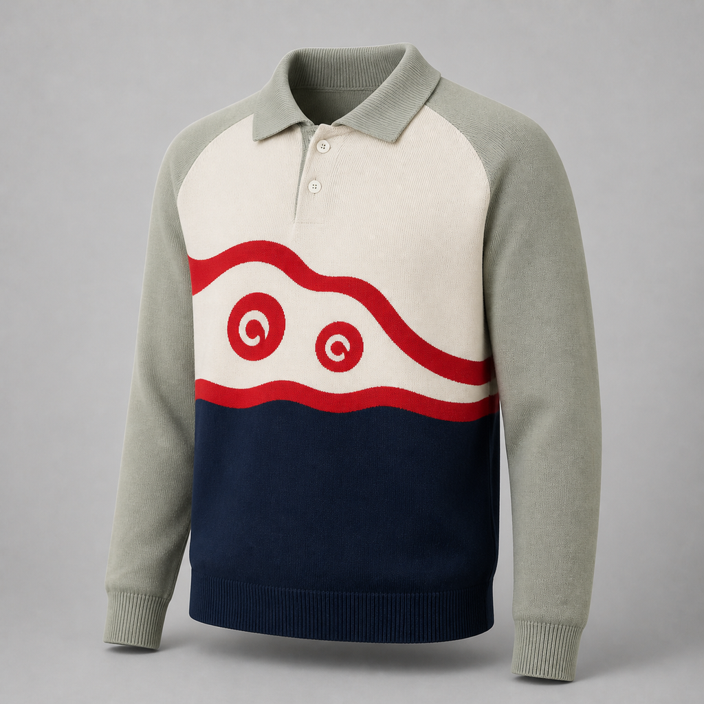 Malbon Burgee Sweater Seagrass Navy model wearing golf apparel