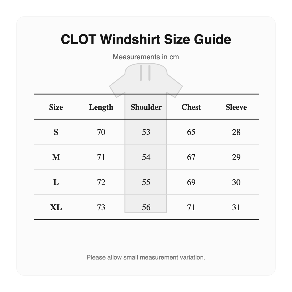 Malbon CLOT Windshirt size guide