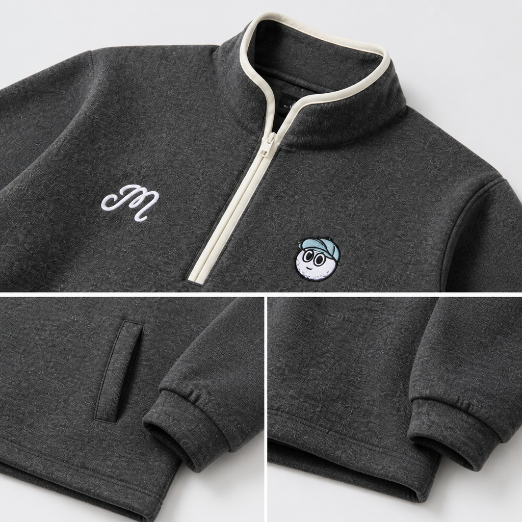 Malbon grey golf pullover chest pocket cuff and hem details