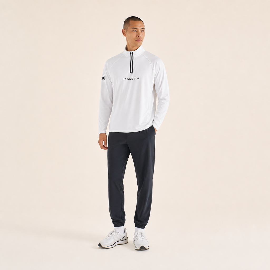 Malbon Performance Raglan Quarter Zip White three-quarter angle