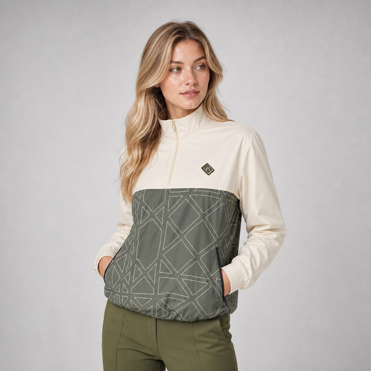 Malbon Rosa Pullover Olivine model wearing golf pullover with correct Malbon chest logo