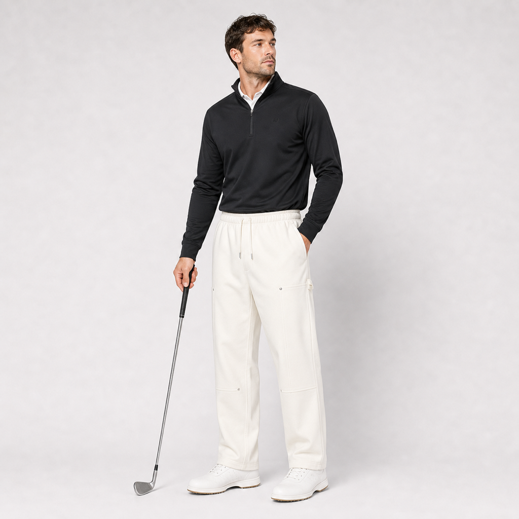 Malbon Studio Seoul Tour Divot French Terry Sweatpant Ivory model wearing view