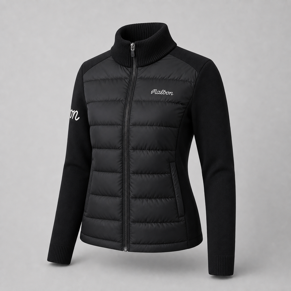Malbon Golf Women's Knit Down Jacket Black model wearing golf apparel