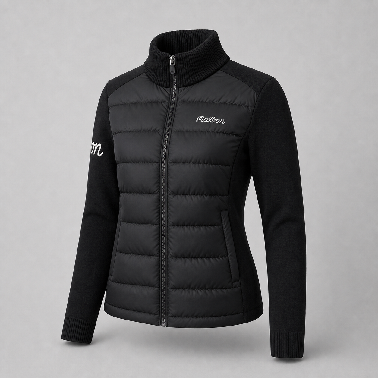 Malbon Golf Women's Knit Down Jacket Black model wearing golf apparel